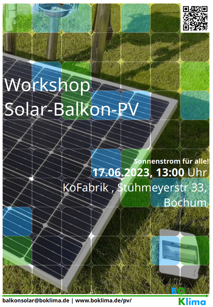 Ankündigung : Balkon-PV-Workshop , Samstag 17.06.23 13h , Kofa , Stühmeyerstr 33, Bochum