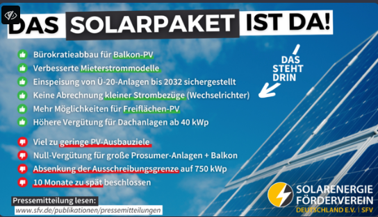 Solarpaket I  (Mehr Solarstrom, weniger Bürokratie) FR 26.04 verabschiedet